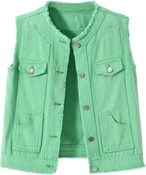 Women's Sleeveless Denim Vest O Neck Button Down Jean Waistcoat Jacket