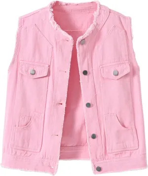 Women's Sleeveless Denim Vest O Neck Button Down Jean Waistcoat Jacket