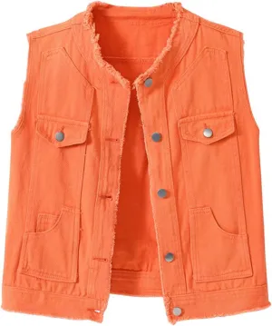 Women's Sleeveless Denim Vest O Neck Button Down Jean Waistcoat Jacket