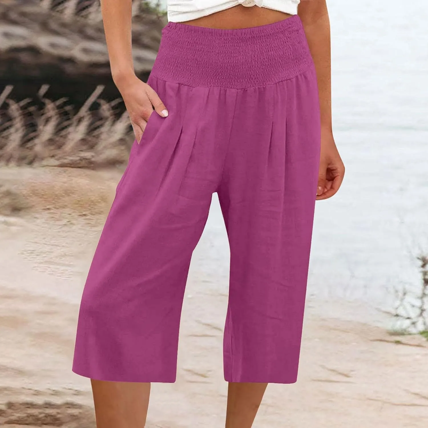Womens Summer Casual Linen Capri Pants Loose Wide Leg Palazzo Trousers Smocked High Waist Flowy Beach Cropped Pants