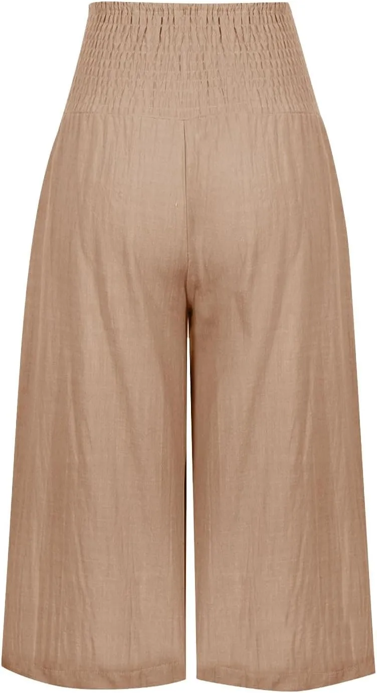 Womens Summer Casual Linen Capri Pants Loose Wide Leg Palazzo Trousers Smocked High Waist Flowy Beach Cropped Pants