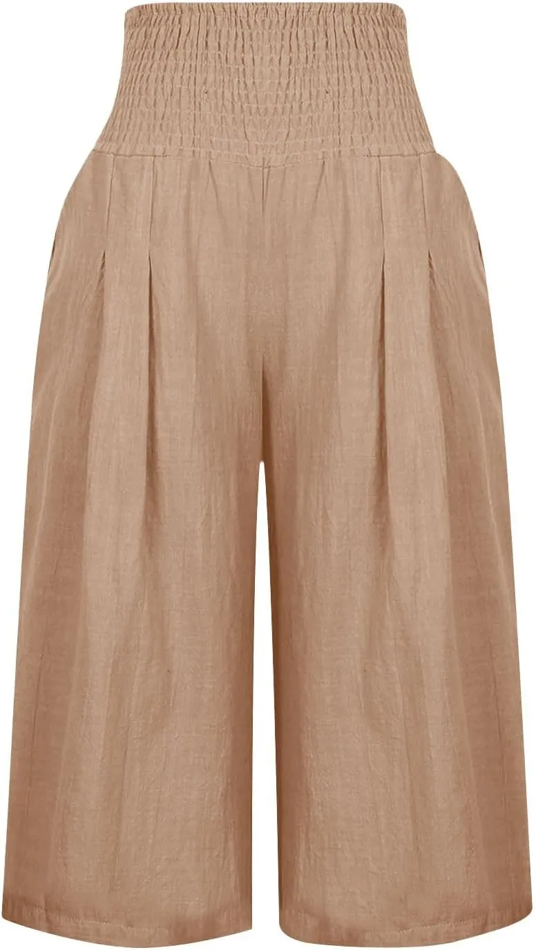 Womens Summer Casual Linen Capri Pants Loose Wide Leg Palazzo Trousers Smocked High Waist Flowy Beach Cropped Pants