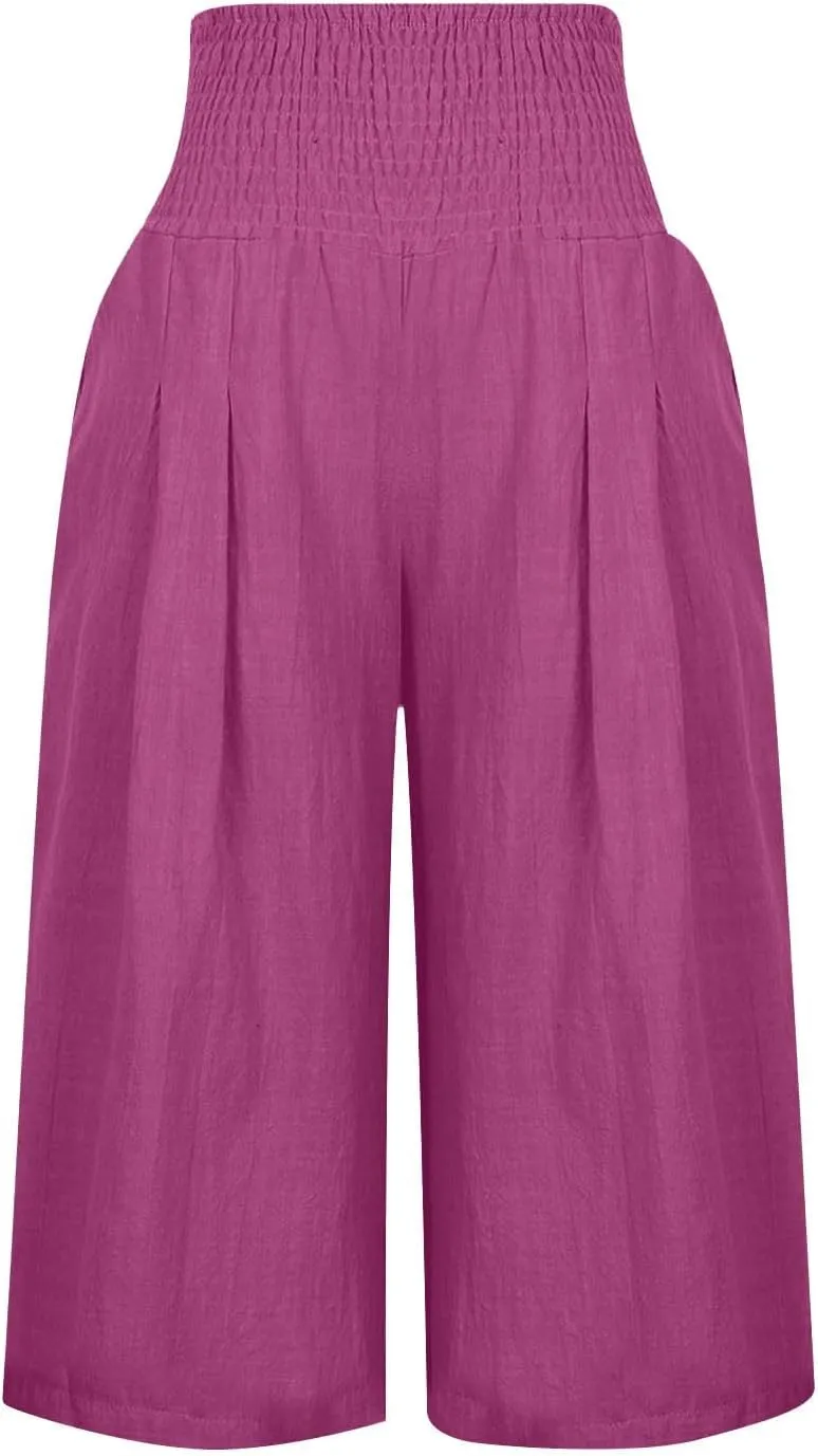 Womens Summer Casual Linen Capri Pants Loose Wide Leg Palazzo Trousers Smocked High Waist Flowy Beach Cropped Pants