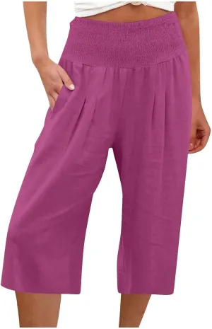 Womens Summer Casual Linen Capri Pants Loose Wide Leg Palazzo Trousers Smocked High Waist Flowy Beach Cropped Pants