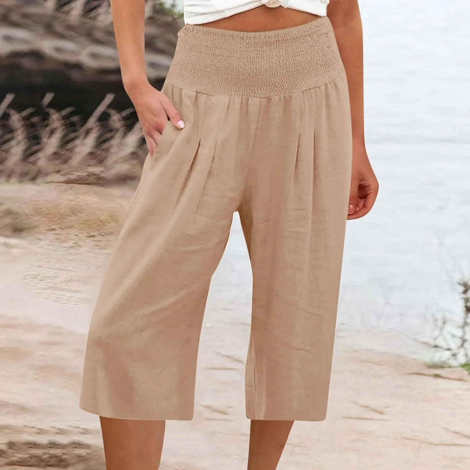 Womens Summer Casual Linen Capri Pants Loose Wide Leg Palazzo Trousers Smocked High Waist Flowy Beach Cropped Pants