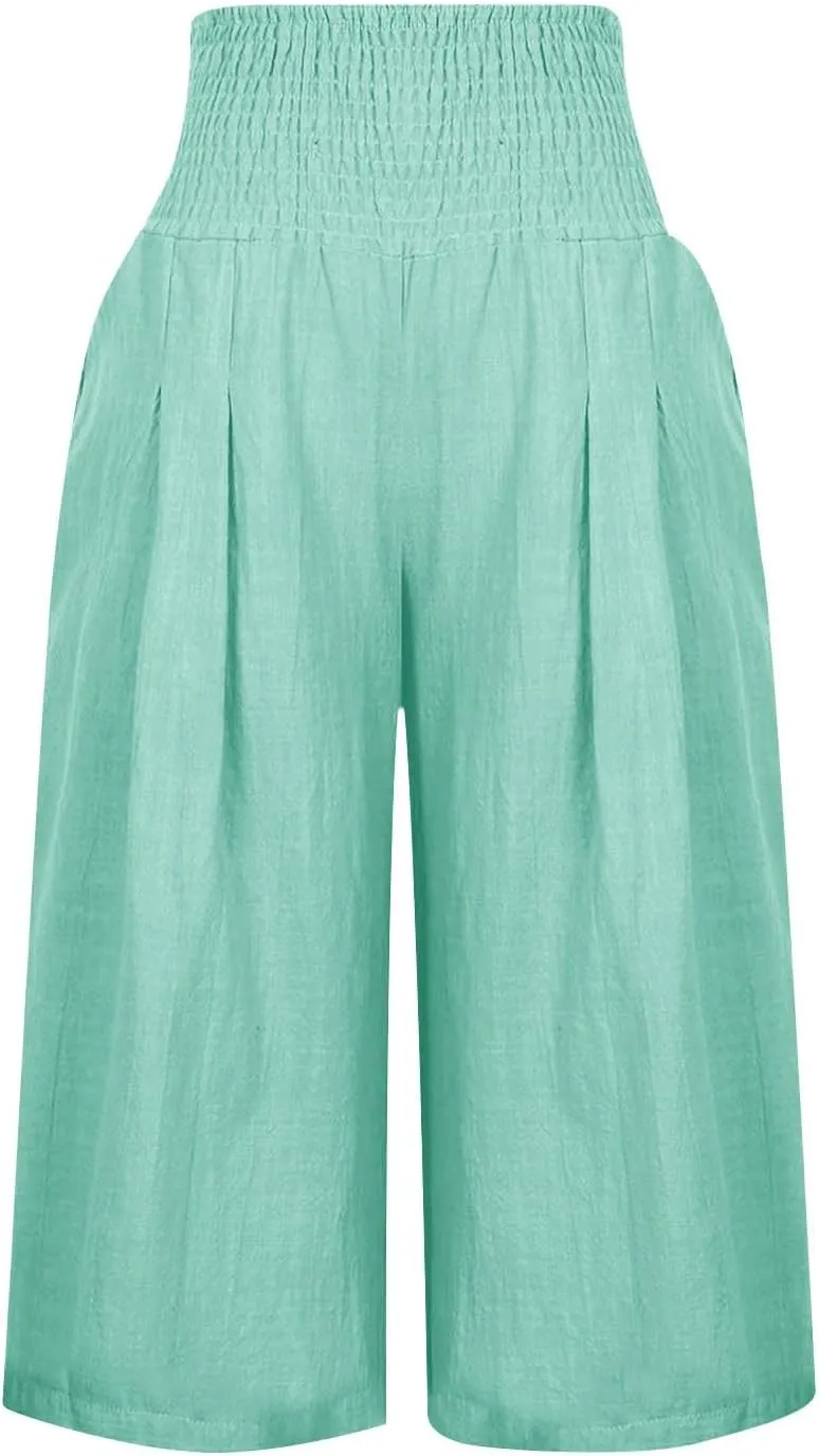 Womens Summer Casual Linen Capri Pants Loose Wide Leg Palazzo Trousers Smocked High Waist Flowy Beach Cropped Pants
