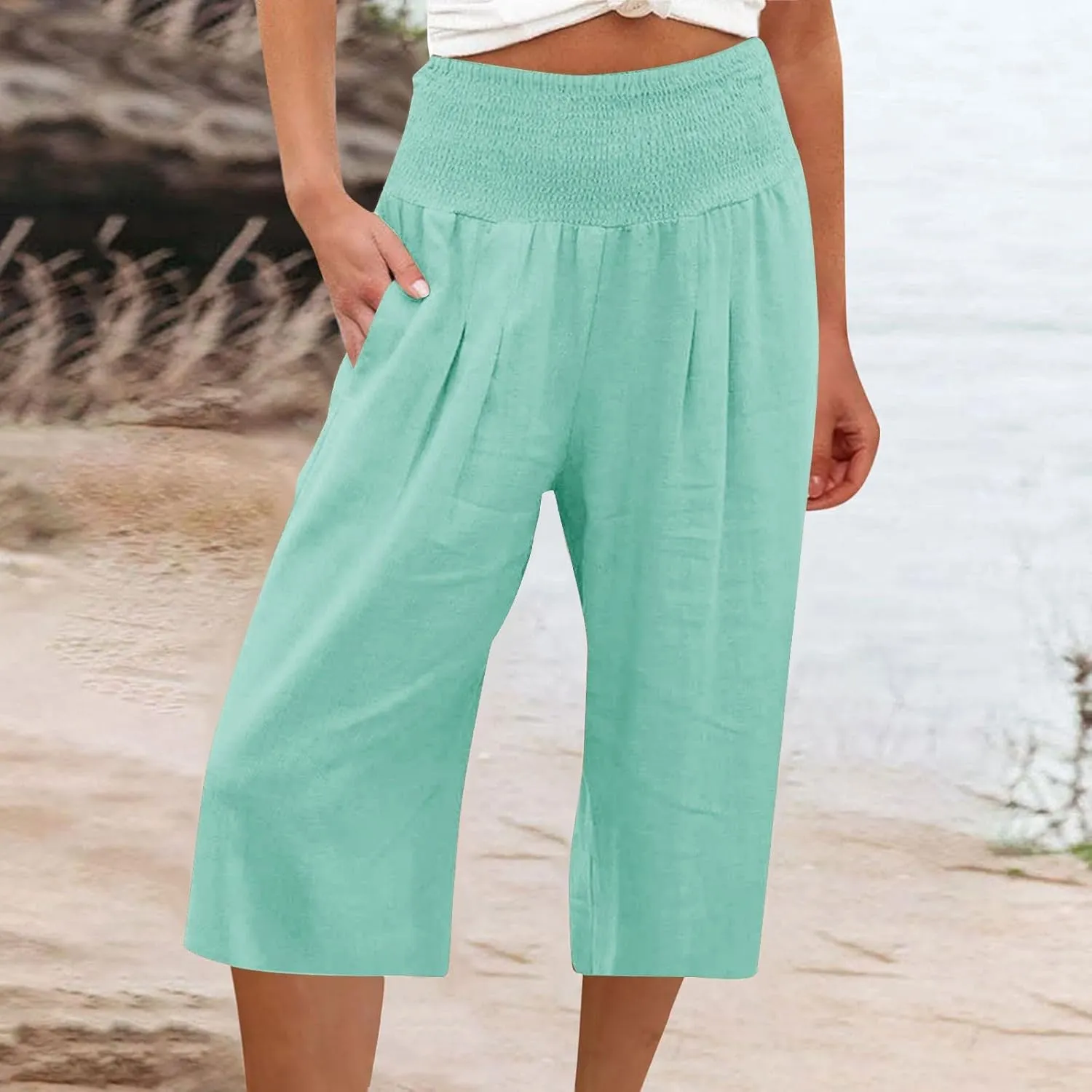 Womens Summer Casual Linen Capri Pants Loose Wide Leg Palazzo Trousers Smocked High Waist Flowy Beach Cropped Pants