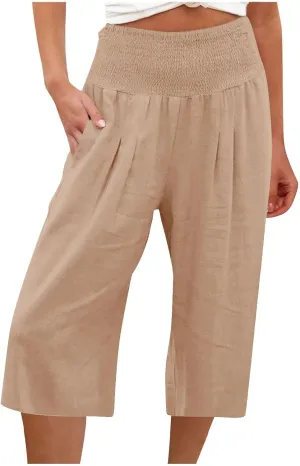 Womens Summer Casual Linen Capri Pants Loose Wide Leg Palazzo Trousers Smocked High Waist Flowy Beach Cropped Pants