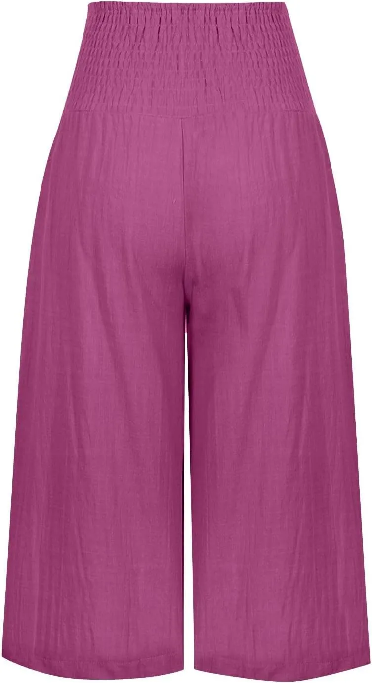 Womens Summer Casual Linen Capri Pants Loose Wide Leg Palazzo Trousers Smocked High Waist Flowy Beach Cropped Pants