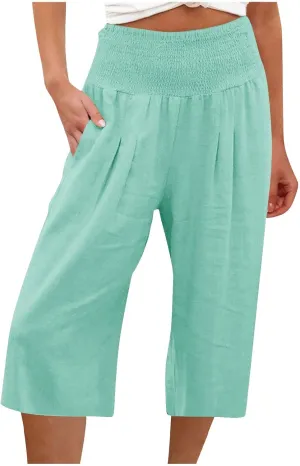 Womens Summer Casual Linen Capri Pants Loose Wide Leg Palazzo Trousers Smocked High Waist Flowy Beach Cropped Pants