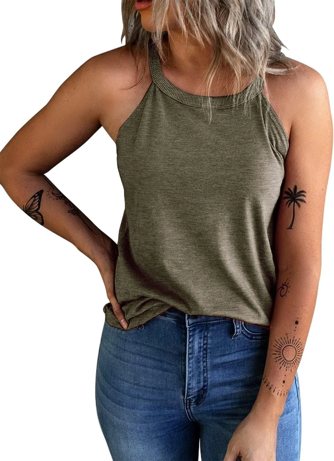Womens Summer Sleeveless High Neck Halter Tank Tops Basic Casual Cami Shirts Tees