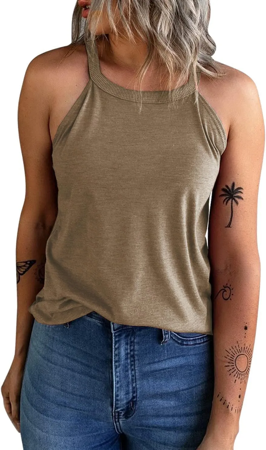 Womens Summer Sleeveless High Neck Halter Tank Tops Basic Casual Cami Shirts Tees