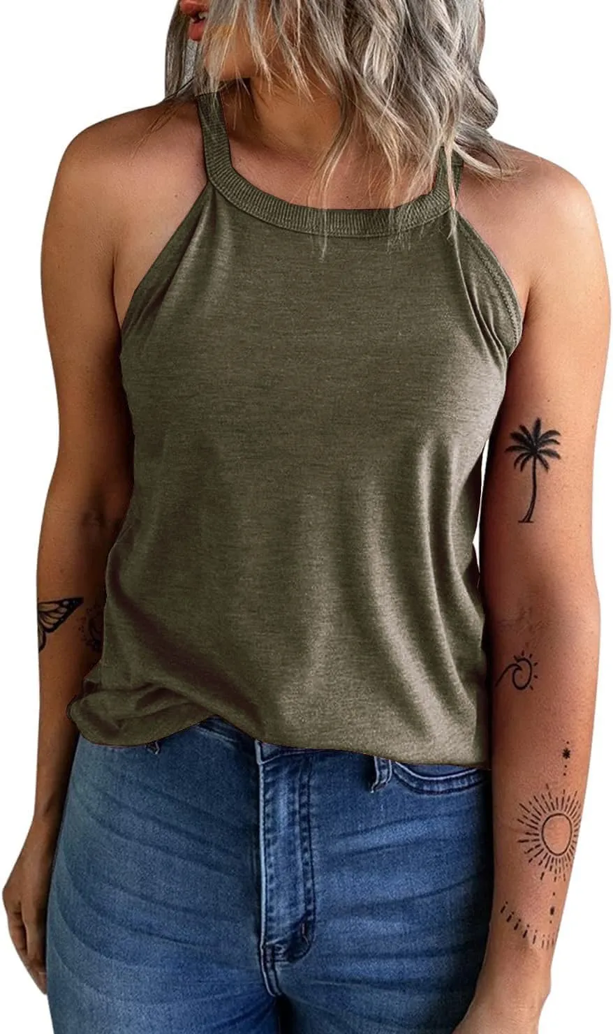 Womens Summer Sleeveless High Neck Halter Tank Tops Basic Casual Cami Shirts Tees
