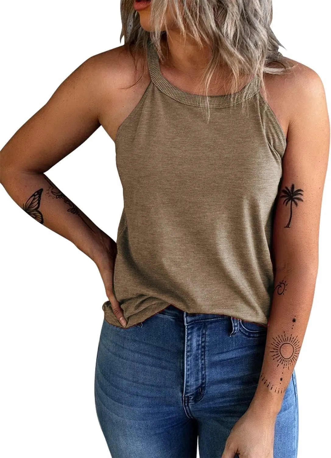 Womens Summer Sleeveless High Neck Halter Tank Tops Basic Casual Cami Shirts Tees