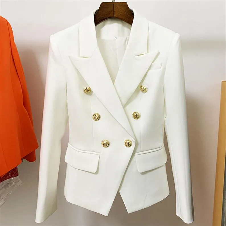 Women's White Fitted Blazer Golden Lion Buttons Coat 2 Colours