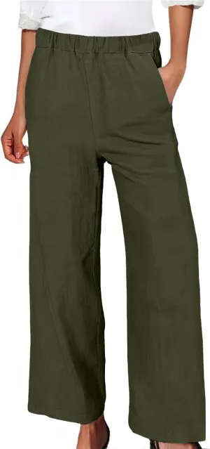 Women's Wide Leg Linen Pants Casual Summer Elastic High Waisted Palazzo Pants Loose Flowy Cropped Trouser with Pockets