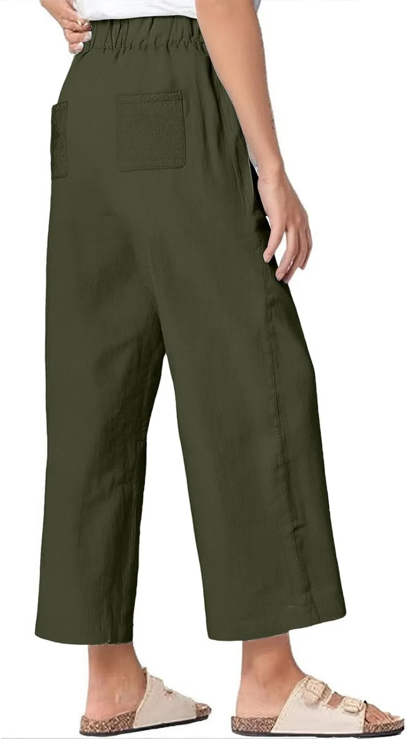 Women's Wide Leg Linen Pants Casual Summer Elastic High Waisted Palazzo Pants Loose Flowy Cropped Trouser with Pockets