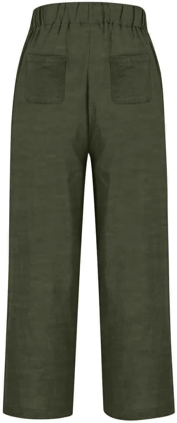 Women's Wide Leg Linen Pants Casual Summer Elastic High Waisted Palazzo Pants Loose Flowy Cropped Trouser with Pockets