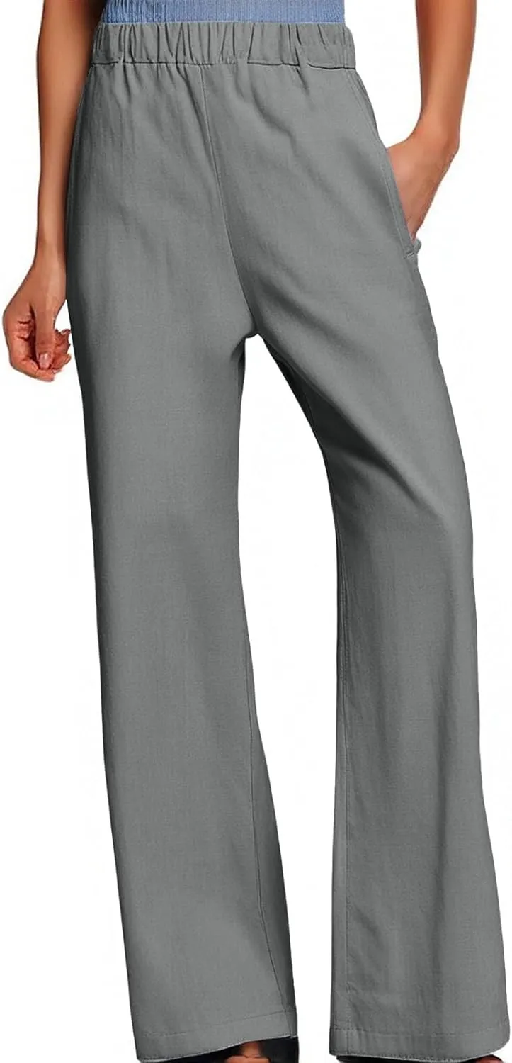 Women's Wide Leg Linen Pants Casual Summer Elastic High Waisted Palazzo Pants Loose Flowy Cropped Trouser with Pockets