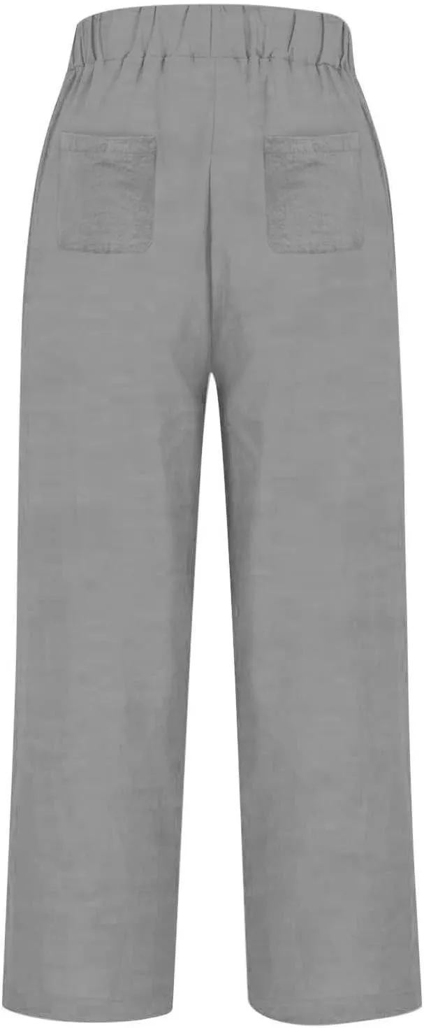 Women's Wide Leg Linen Pants Casual Summer Elastic High Waisted Palazzo Pants Loose Flowy Cropped Trouser with Pockets