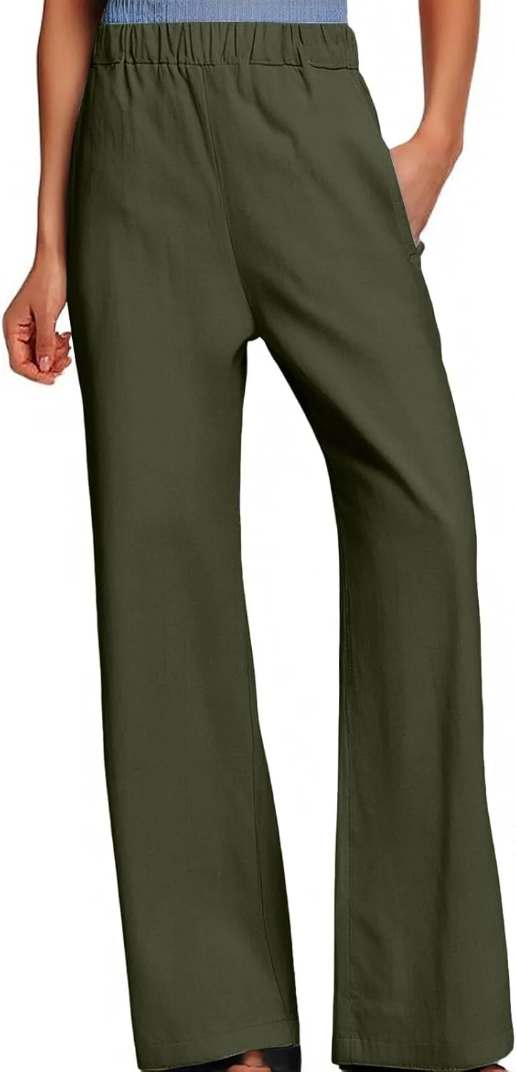 Women's Wide Leg Linen Pants Casual Summer Elastic High Waisted Palazzo Pants Loose Flowy Cropped Trouser with Pockets