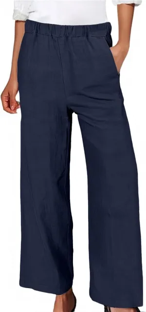 Women's Wide Leg Linen Pants Casual Summer Elastic High Waisted Palazzo Pants Loose Flowy Cropped Trouser with Pockets