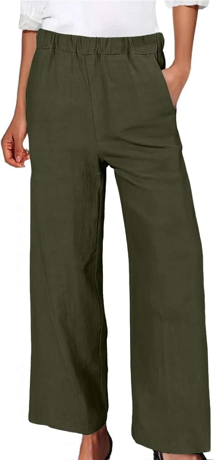 Women's Wide Leg Linen Pants Casual Summer Elastic High Waisted Palazzo Pants Loose Flowy Cropped Trouser with Pockets