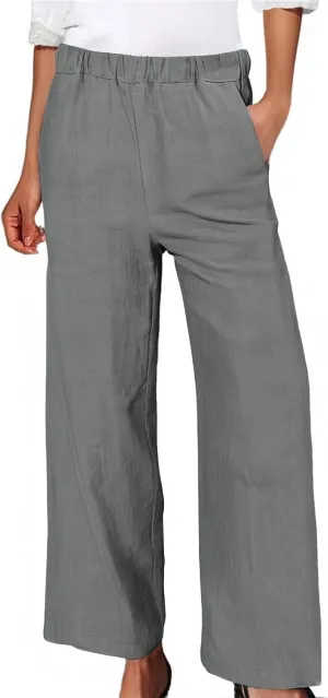 Women's Wide Leg Linen Pants Casual Summer Elastic High Waisted Palazzo Pants Loose Flowy Cropped Trouser with Pockets