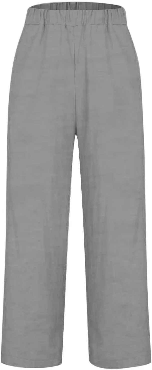 Women's Wide Leg Linen Pants Casual Summer Elastic High Waisted Palazzo Pants Loose Flowy Cropped Trouser with Pockets