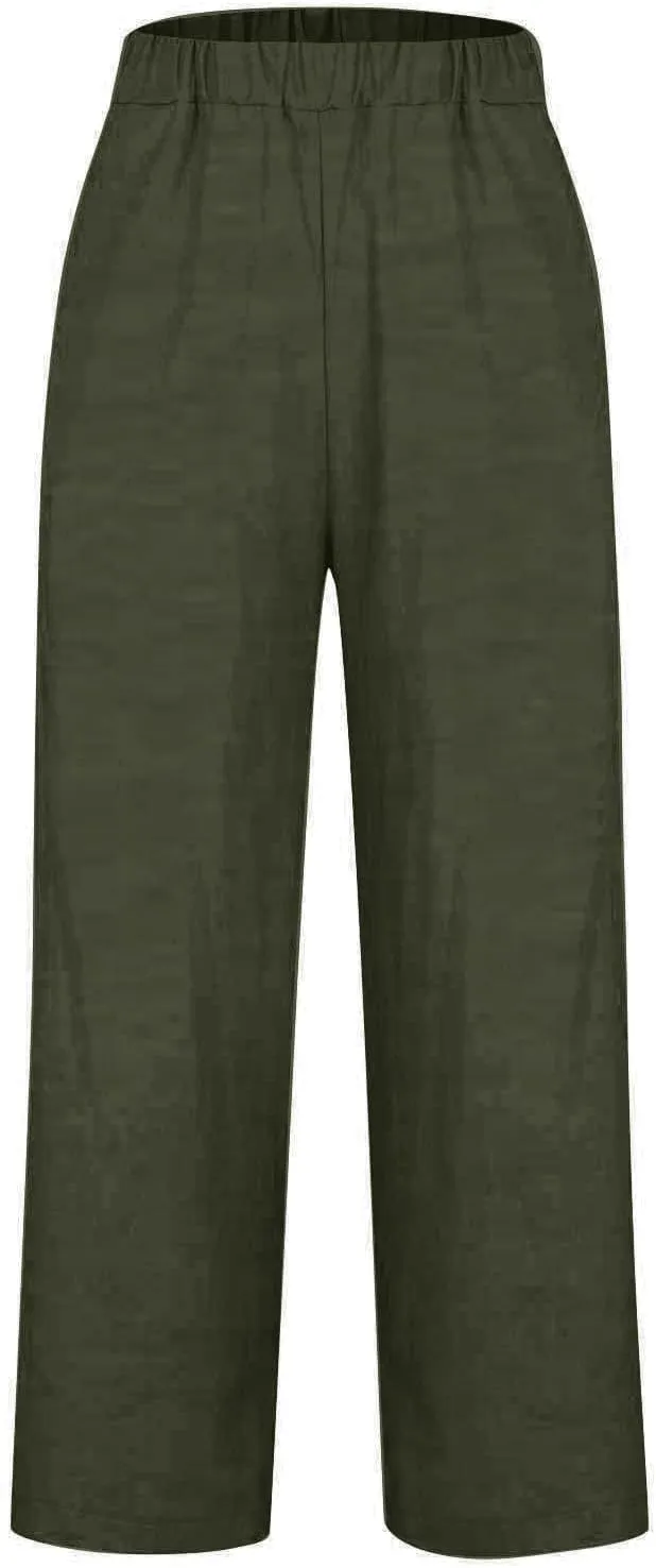 Women's Wide Leg Linen Pants Casual Summer Elastic High Waisted Palazzo Pants Loose Flowy Cropped Trouser with Pockets