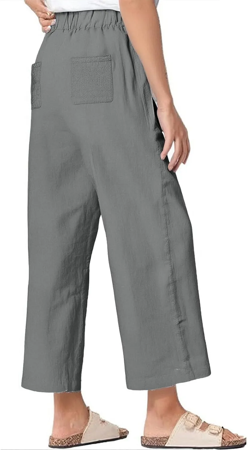 Women's Wide Leg Linen Pants Casual Summer Elastic High Waisted Palazzo Pants Loose Flowy Cropped Trouser with Pockets
