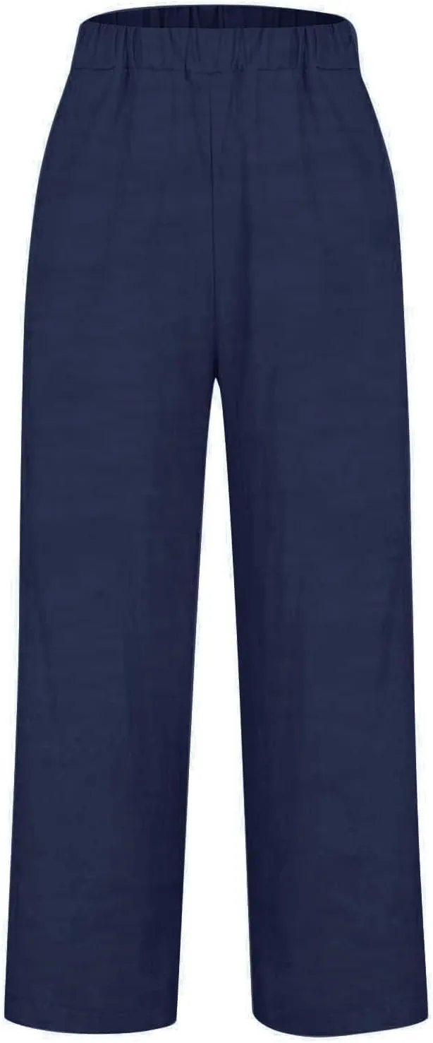 Women's Wide Leg Linen Pants Casual Summer Elastic High Waisted Palazzo Pants Loose Flowy Cropped Trouser with Pockets