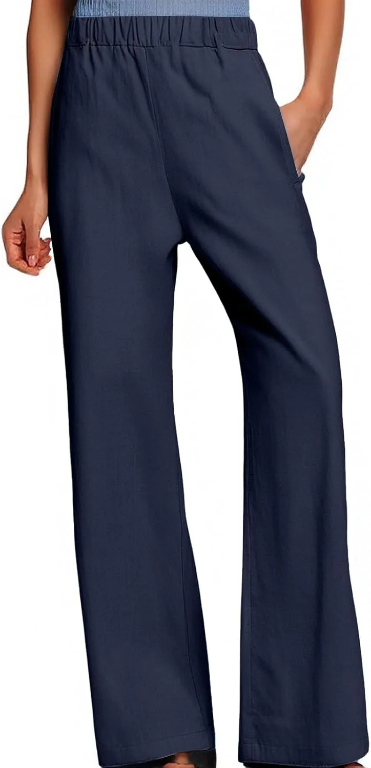 Women's Wide Leg Linen Pants Casual Summer Elastic High Waisted Palazzo Pants Loose Flowy Cropped Trouser with Pockets
