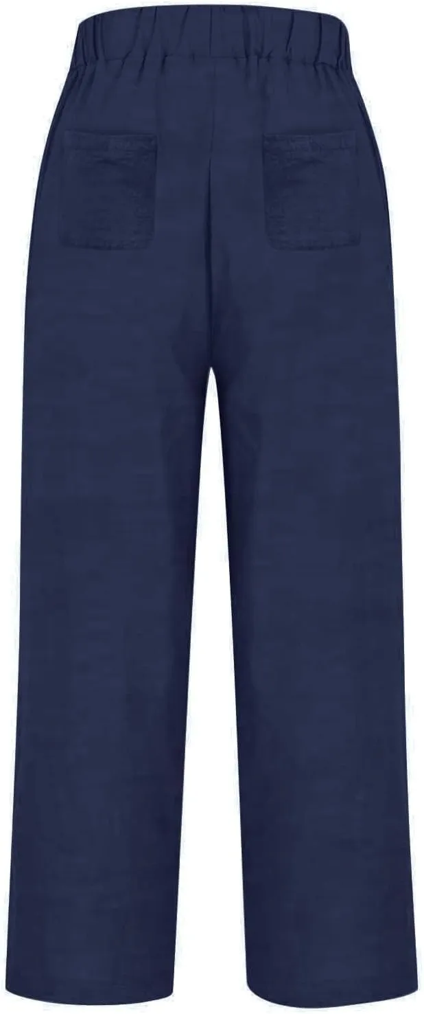 Women's Wide Leg Linen Pants Casual Summer Elastic High Waisted Palazzo Pants Loose Flowy Cropped Trouser with Pockets